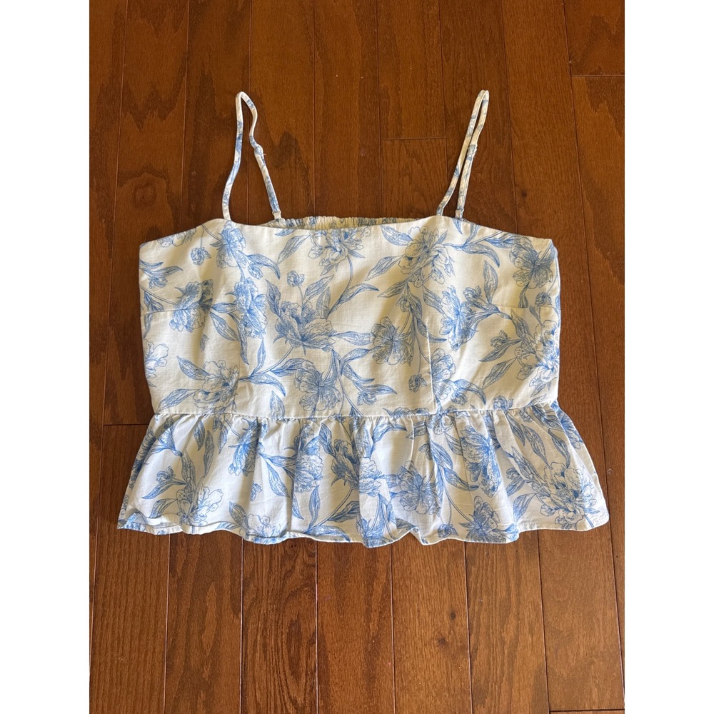 A New Day Blue Floral Peplum Camisole Top XL Smocked Back Adjustable Straps